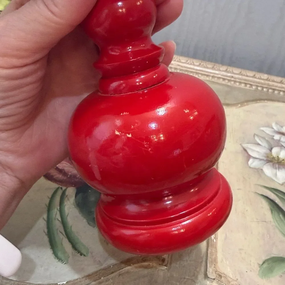 Vintage 70s Red Wooden Turned Sculptural Candle Holder Bobbin Bulbous MCM